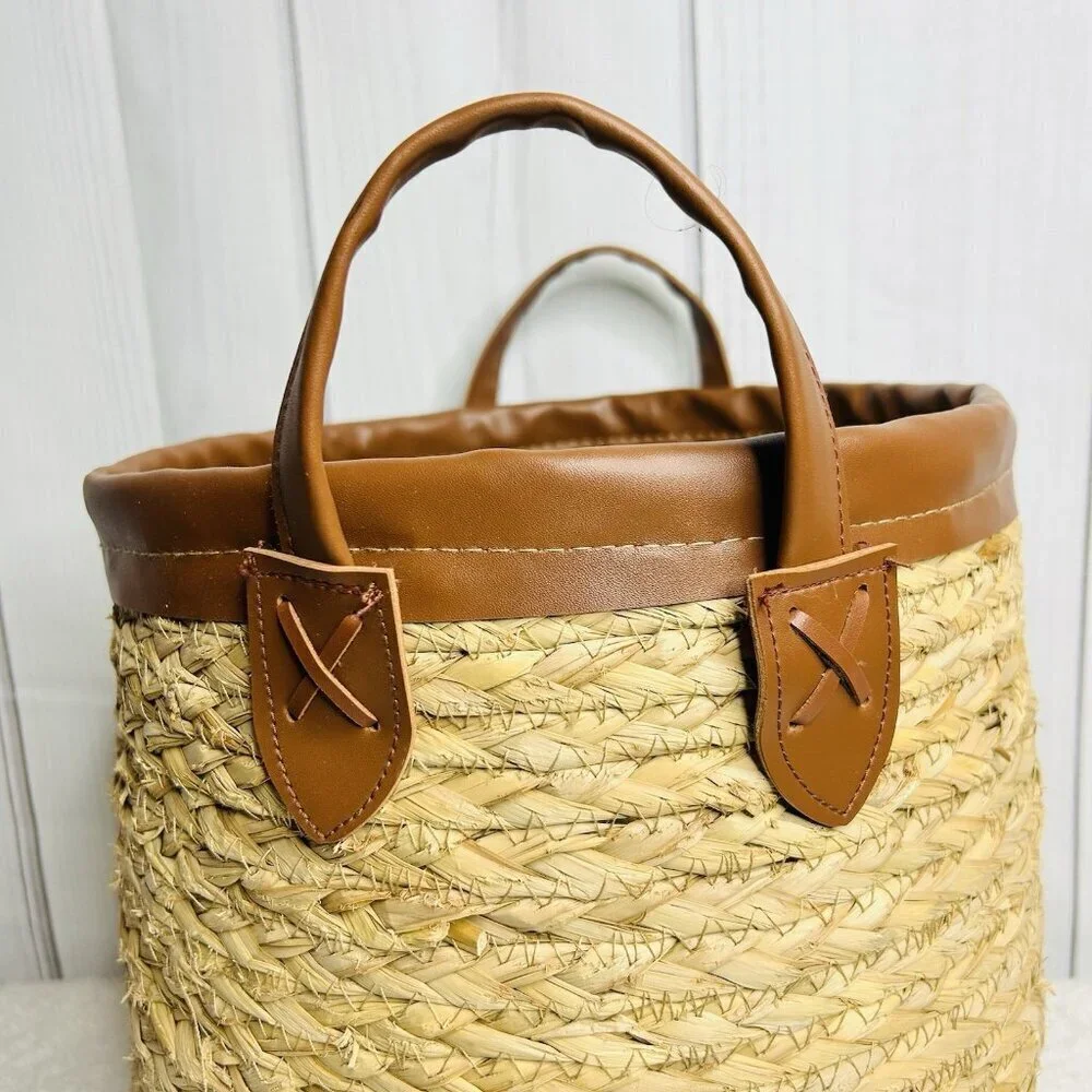 Woven Grass Wicker Round Basket with Leather Trim and Handles 12